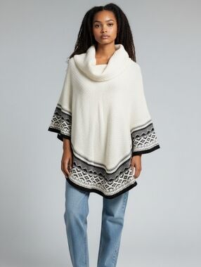New Directions Ivory and Charcoal Knit Poncho- S